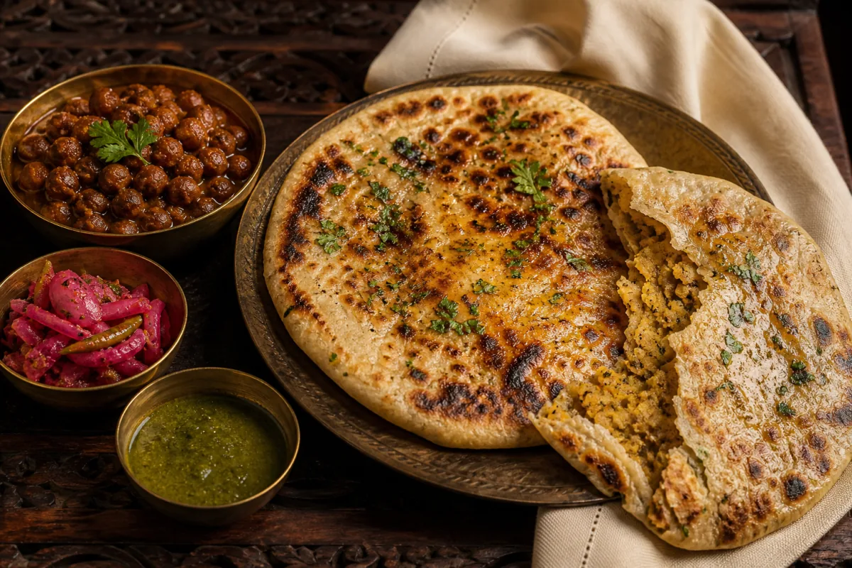 Buttered Amritsari kulcha served with chana, pickle and mint chutney