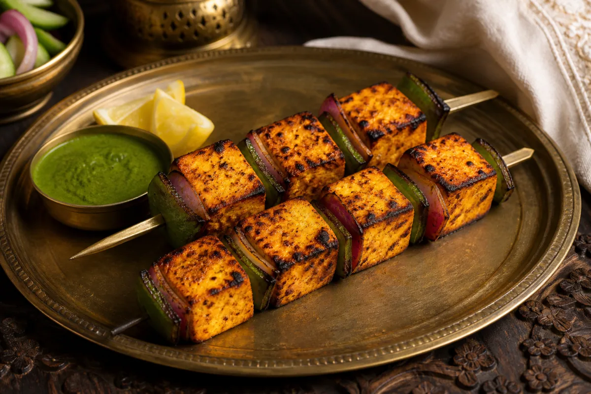 Charred paneer tikka skewers with peppers, onion, lemon and mint chutney