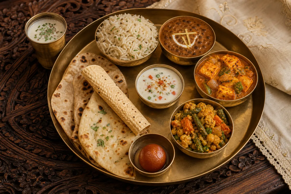 Pind Special vegetarian thali with dal, paneer, rice, breads and dessert