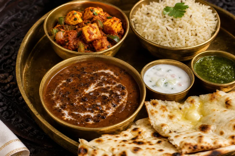 Close-up of dal makhani, paneer, rice, raita and naan in a brass thali