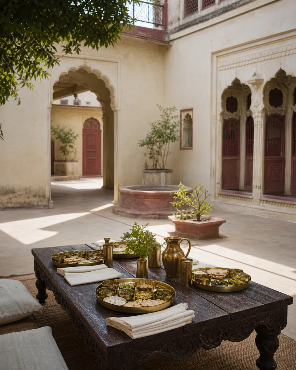 A traditional haveli courtyard set for a vegetarian meal on a carved wooden table